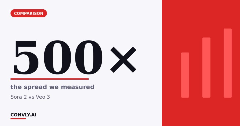 500× — the spread we measured. Sora 2 vs Veo 3.